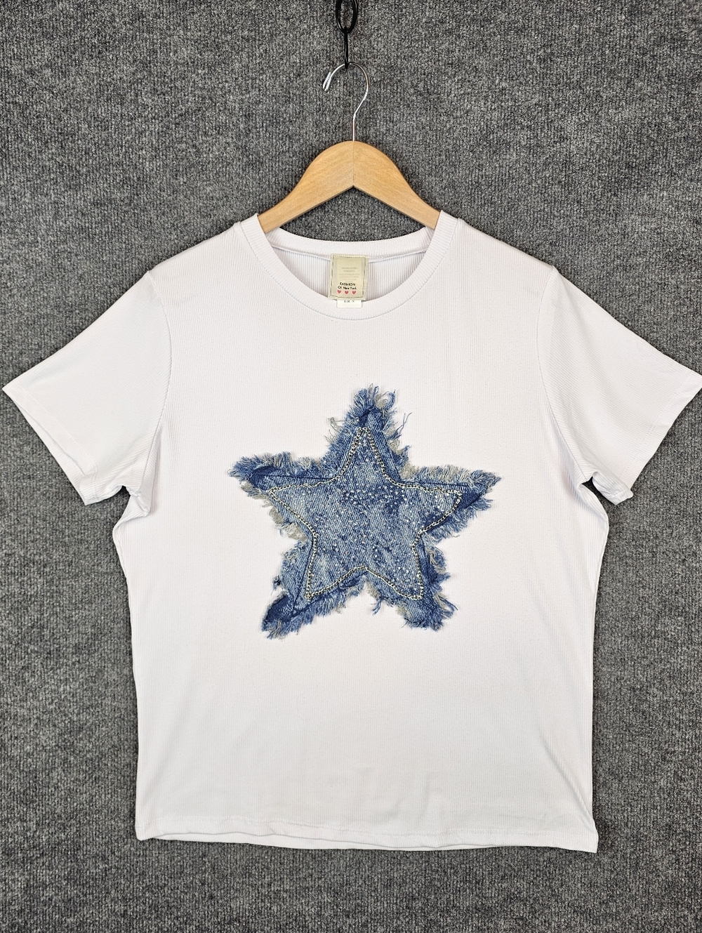 Y2K Retro White Tee with Distressed Denim & Rhinestone Star